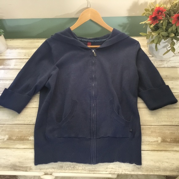 Gitano Navy Knit Hooded Sweater Women's Size L Short Sleeve Full Zip - Picture 4 of 8